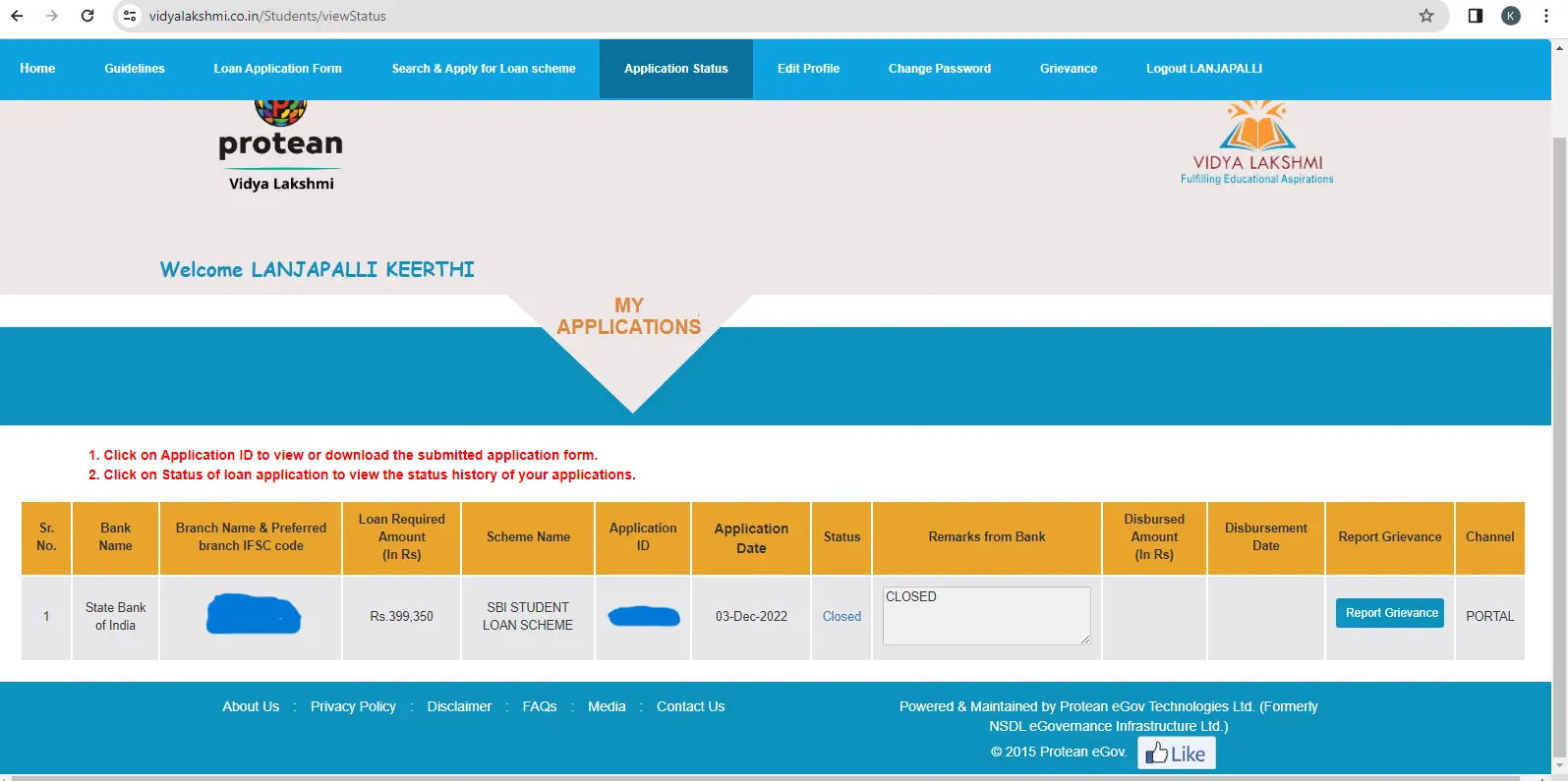 vidya lakshmi portal check education loan application status